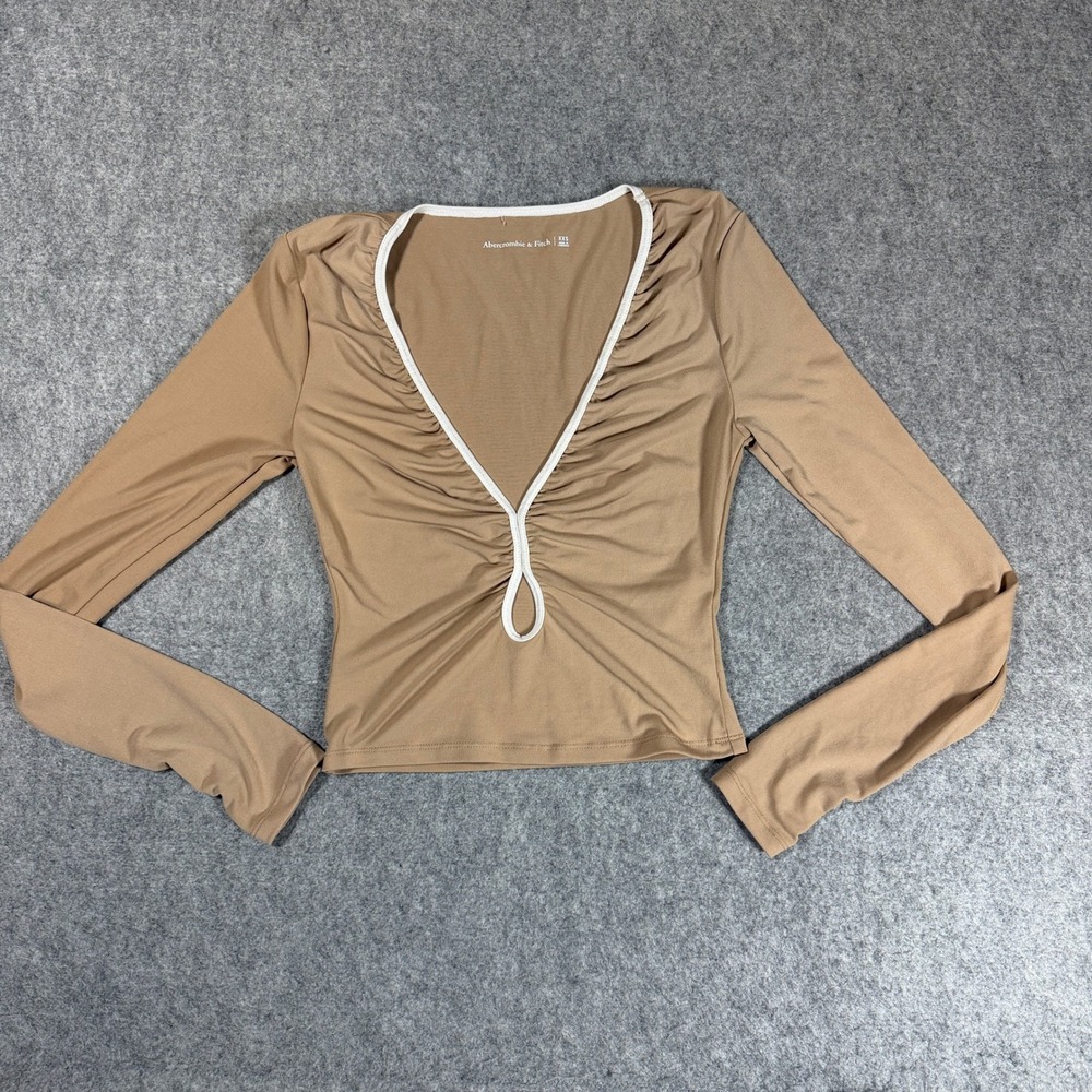 Abercrombie & Fitch Womens Ruched Keyhole V Neck Top XXS Tan Long Sleeve Stretch